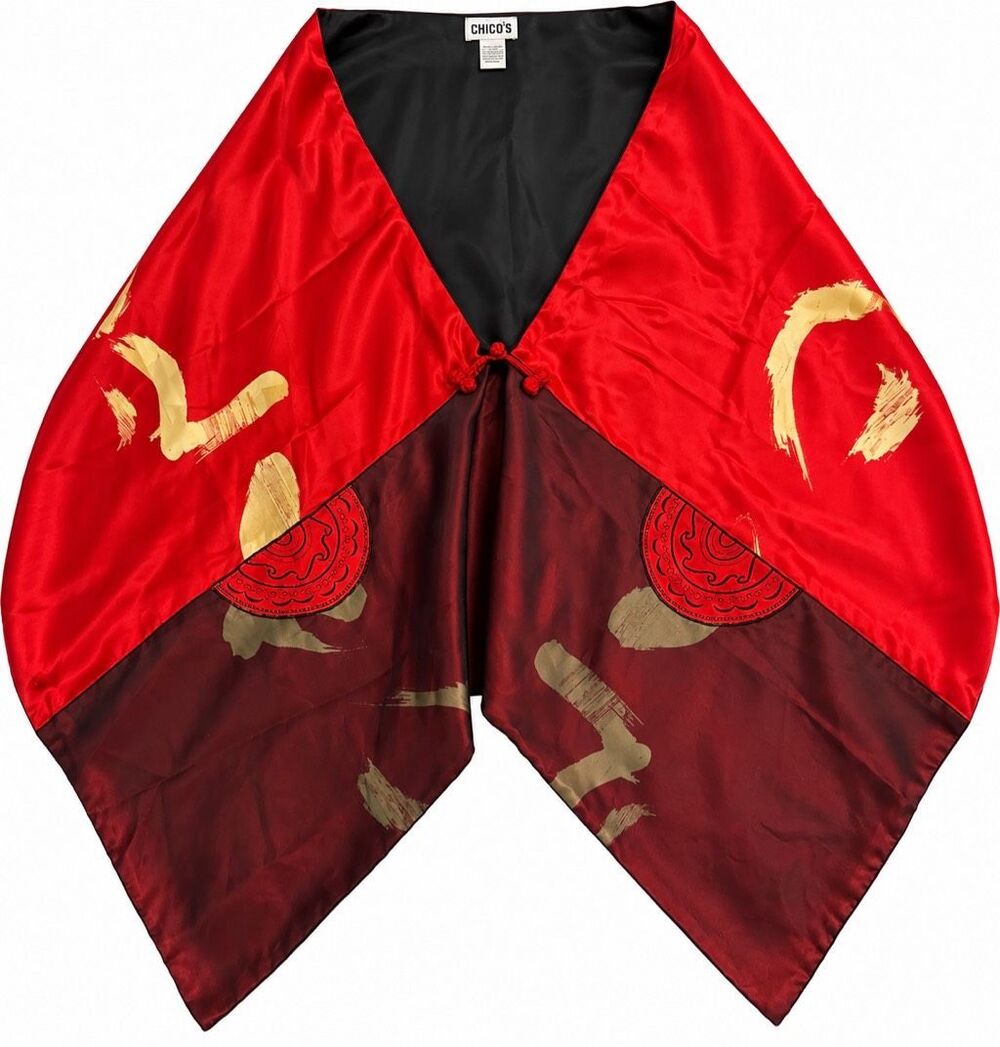 Chico’s Double Layer Silk Embroidered Shawl Wrap Pockets One Size